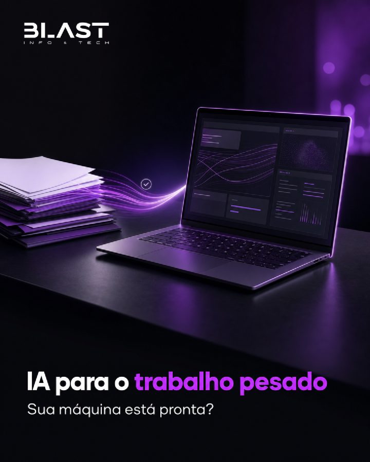 Notebook com gráficos ao lado de uma pilha de documentos, com o texto “IA para o trabalho pesado: sua máquina está pronta?”