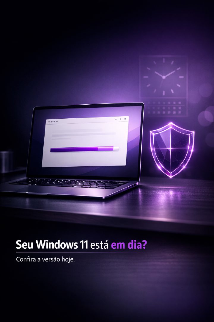 Notebook exibindo uma barra de atualização ao lado de um escudo, com o texto “Seu Windows 11 está em dia? Confira a versão hoje”